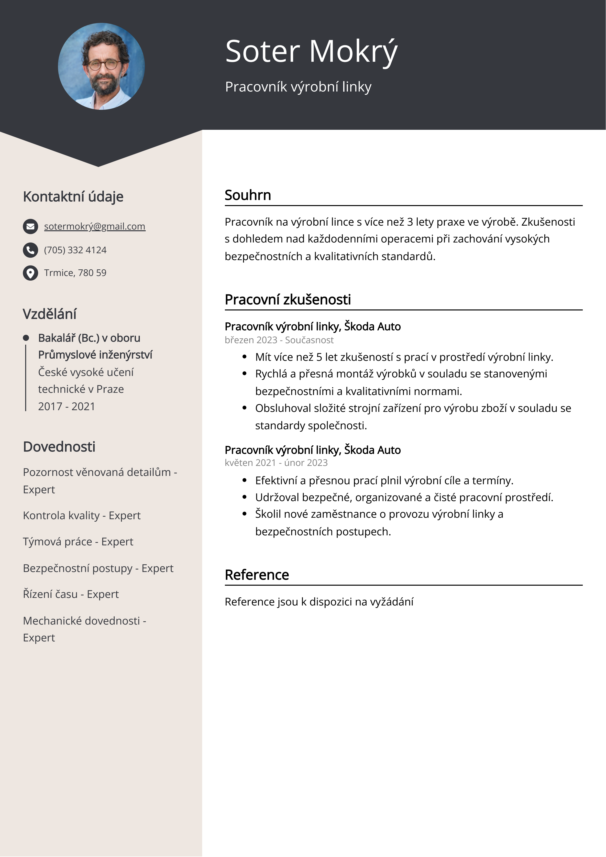 Pracovník výrobní linky Resume Example